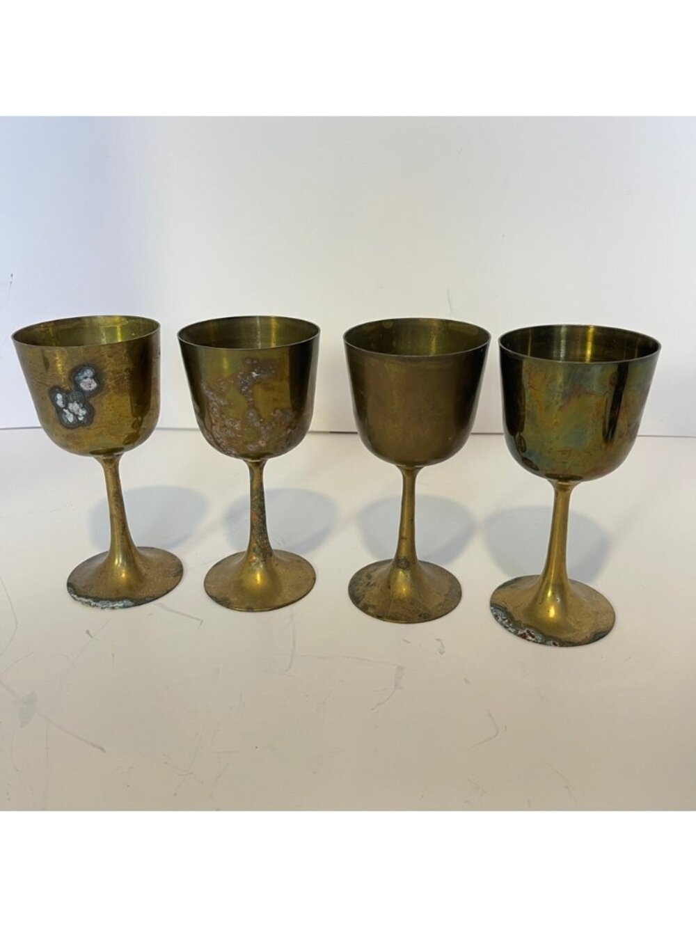 Vintage Interpur Brass Made in Taiwan Set of 4 Goblets Wine Stems Patina Tarnish